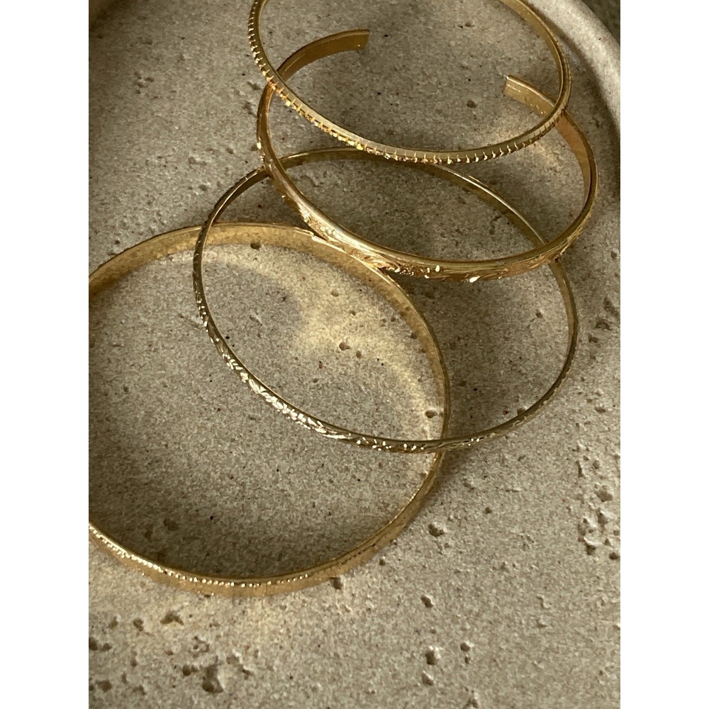 Gold Tone Bracelet Set Of 4 Bangles & Cuff Everyday Wear Layering Stackable